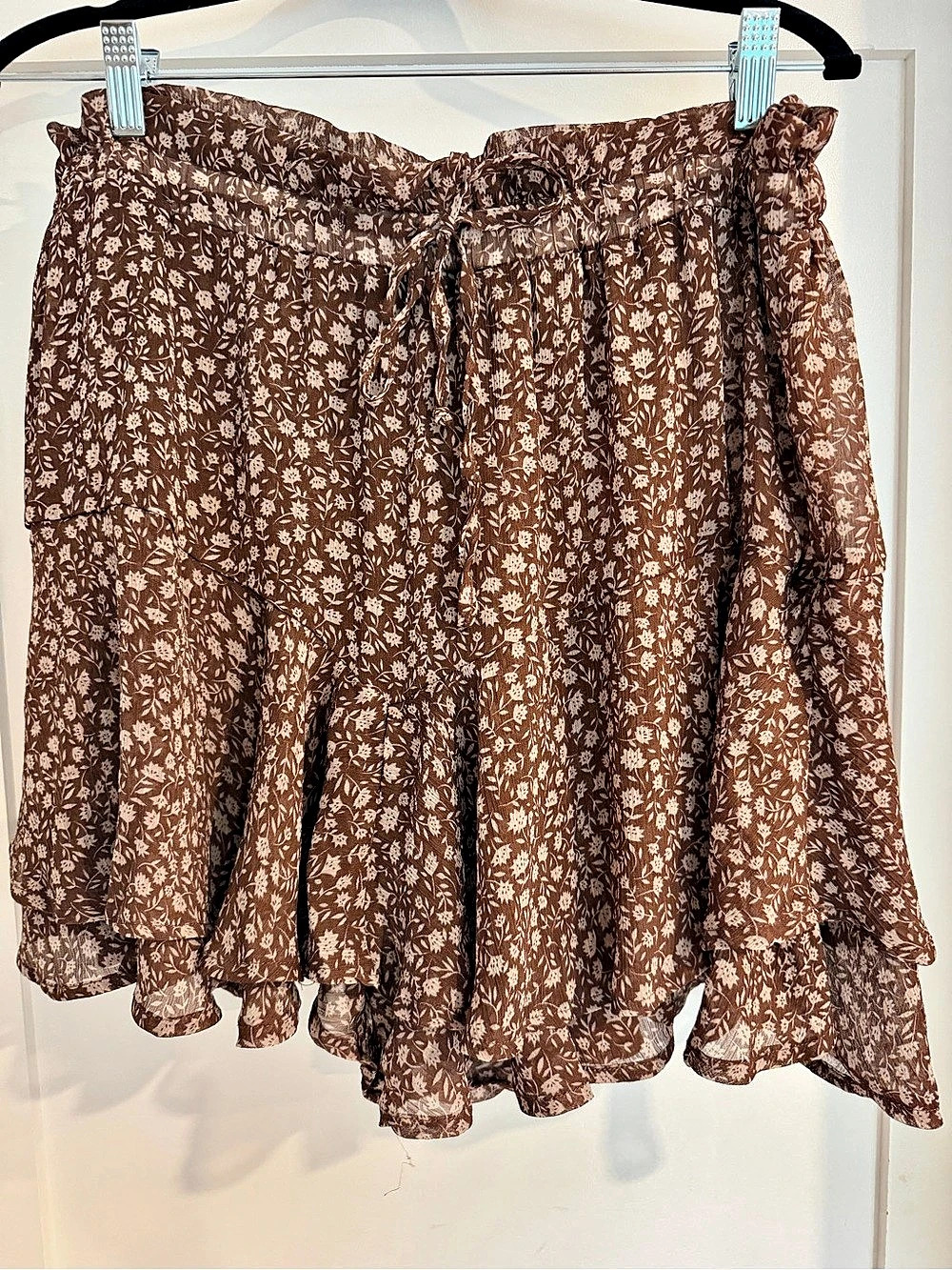 Floral Ruffle Skirt Skort in Brown & White Size XL Western Style